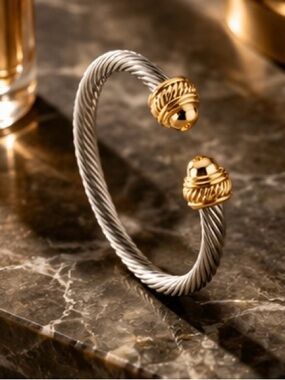 Luxury Two-Tone Cable Cuff Bracelet • Gold & Silver Stainless Steel Bangle